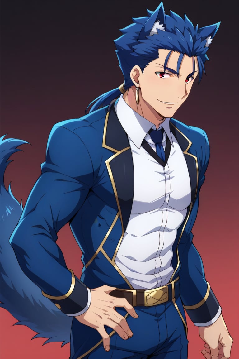 Cu Chulainn Blue Lancer a man dressed as a butler with wolf ears and a blue wolf dog tail with a good face, red eyes, a good body with little muscle and long blue hair with a ponytail at the nape of his neck and anime earrings with a flirtatious smile with a sexy pose.