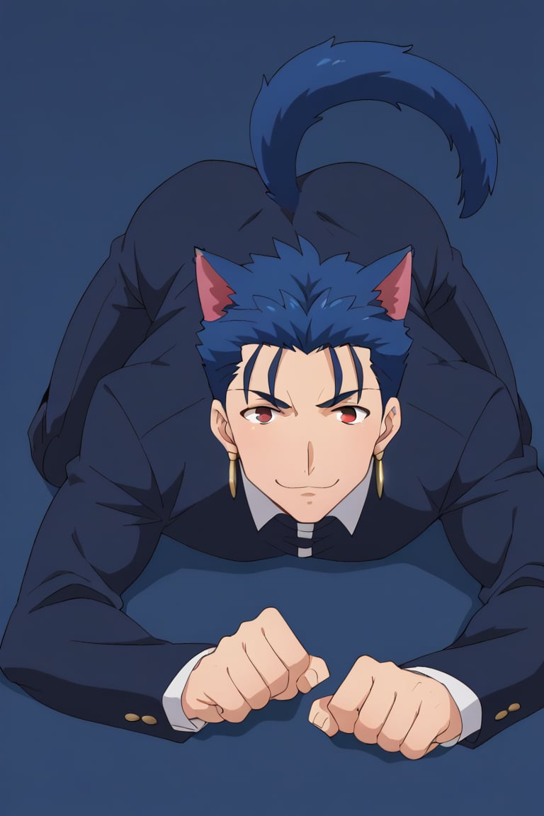 Cu Chulainn Blue Lancer a man dressed as a butler with blue wolf ears and tail with a good face, red eyes, a good body with little muscle and long blue hair with a ponytail at the nape of his neck and anime earrings with an orgasmic smile lying down doing the cat stretch pose with a Halloween background.