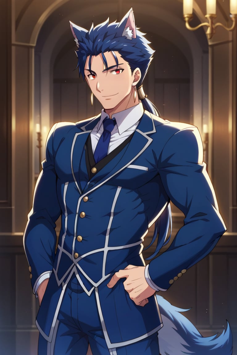 Cu Chulainn Blue Lancer a man dressed as a butler with wolf ears and a blue wolf dog tail with a good face, red eyes, a good body with little muscle and long blue hair with a ponytail at the nape of his neck and anime earrings with a flirtatious smile with a sexy pose.