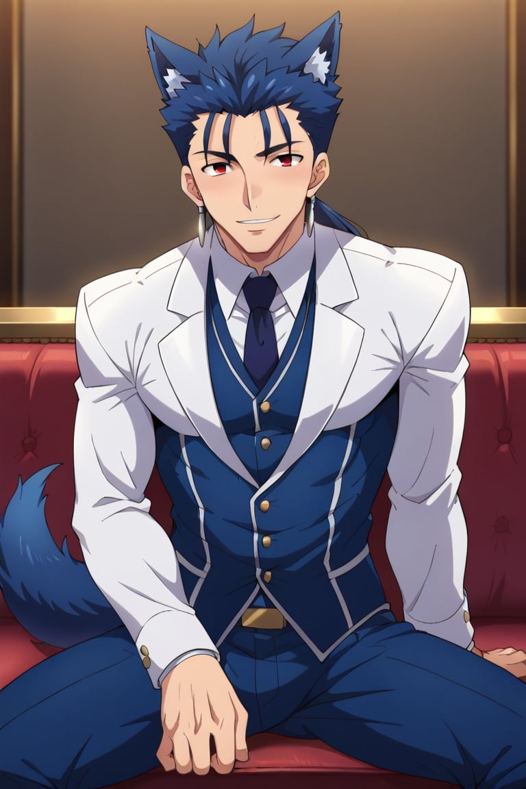 Cu Chulainn Blue Lancer a man dressed as a butler with wolf ears and a blue wolf dog tail with a good face, red eyes, a good body with little muscle and long blue hair with a ponytail at the nape of his neck and anime earrings with an orgasmic smile with a sexy pose sitting.