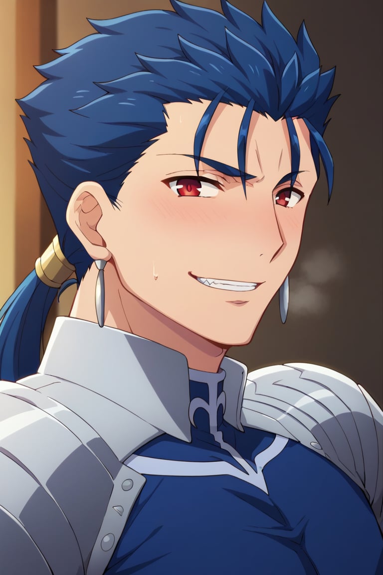 Cu Chulainn Blue Lancer a man dressed as a sexy wolf with a good face, red eyes, a good body with little muscle and long blue hair with a ponytail at the nape of his neck and anime earrings with an orgasmic smile with a sexy pose.