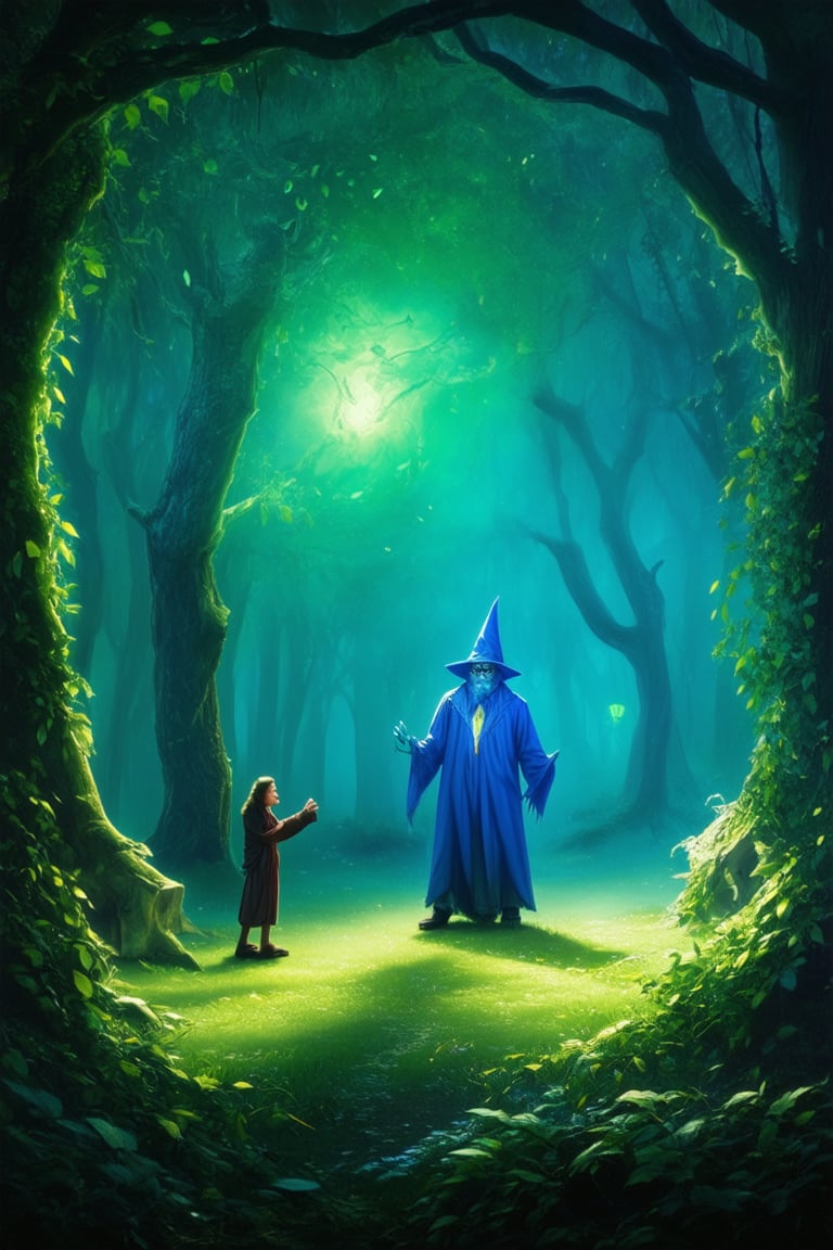 A whimsical, dreamlike scene unfolds: a misty forest glows with an otherworldly light, as a bespectacled wizard stands poised, staff in hand, surrounded by swirling leaves and vines. The air is thick with mystical energy, as the wizard's eyes gleam with ancient wisdom.