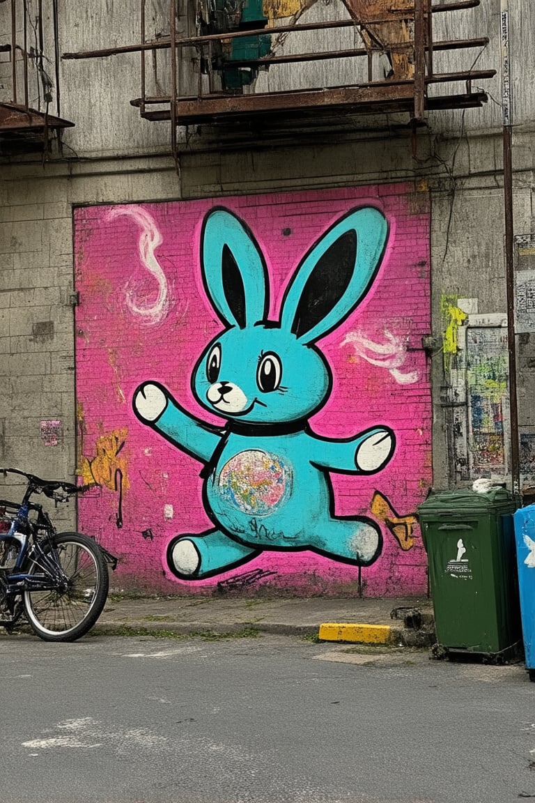 A vibrant street art scene unfolds as a graffiti kun, a stylized rabbit with bright pink and blue hues, emerges from a city alleyway. Framed by concrete walls and rusty fire escapes, the kun's bold lines and swirling patterns seem to dance across the brick façade. Neon lights cast a gritty glow, while trash cans and abandoned bicycles add texture to the urban landscape.