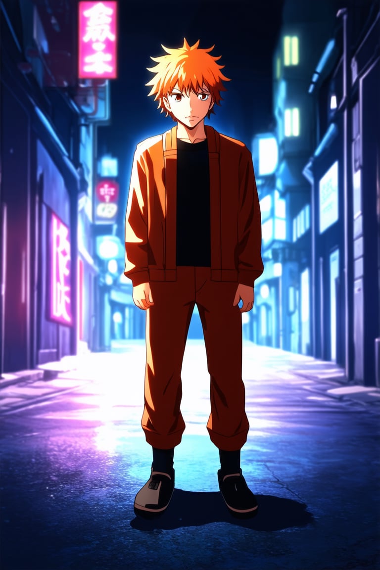 A vibrant anime scene: A young Kaghi stands confidently in a dimly lit alleyway, with neon signs and city lights reflecting off his striking features. His bright orange hair and bold outfit pop against the dark background, as he gazes directly at the viewer with an air of determination. The composition is tight, focusing attention on Kaghi's powerful presence.