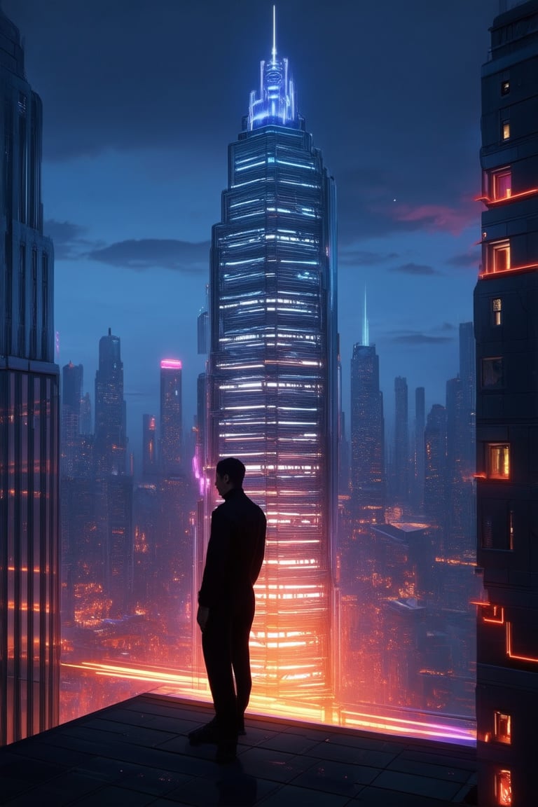 A futuristic cityscape at dusk, with neon lights reflecting off a chrome-plated skyscraper. A lone figure, dressed in a sleek black jumpsuit, stands at the edge of a rooftop, backlit by a warm glow from within. Soft blue and purple hues illuminate the darkening sky, while intense red and orange LED strips highlight the urban landscape.