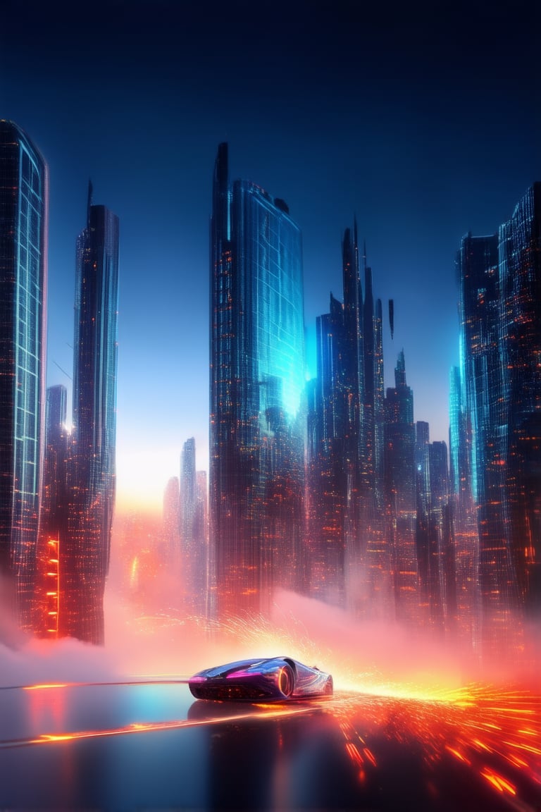 A gleaming cityscape at dusk: towering skyscrapers with neon-lit facades rise from a misty horizon as a sleek, silver hovercar soars through the atmosphere, casting a trail of lighted sparks. The futuristic metropolis pulses with energy, its urban landscape a vibrant tapestry of steel, glass, and luminescent hues.