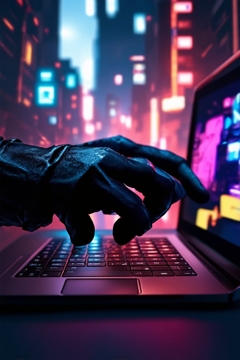 A gritty cyberpunk scene: a close-up shot of a hacker's gloved hand, fingers flying across a worn leather-bound laptop keyboard as neon-lit cityscapes blur in the background. Flickering LED lights and holographic advertisements cast an otherworldly glow on the subject's face, eyes fixed intently on the screen.