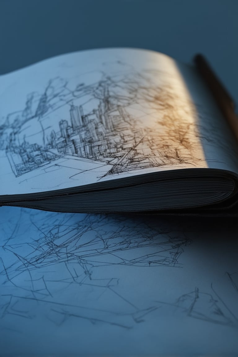 A close-up shot of a worn leather-bound blueprint book opens to reveal a rough sketch of a futuristic cityscape at dusk. Golden light from the setting sun casts a warm glow on the intricate lines and geometric shapes, while shadows fall across the page like mysterious pathways. The overall composition is balanced by the subtle gradient of blue hues in the background, evoking a sense of depth and dimensionality.