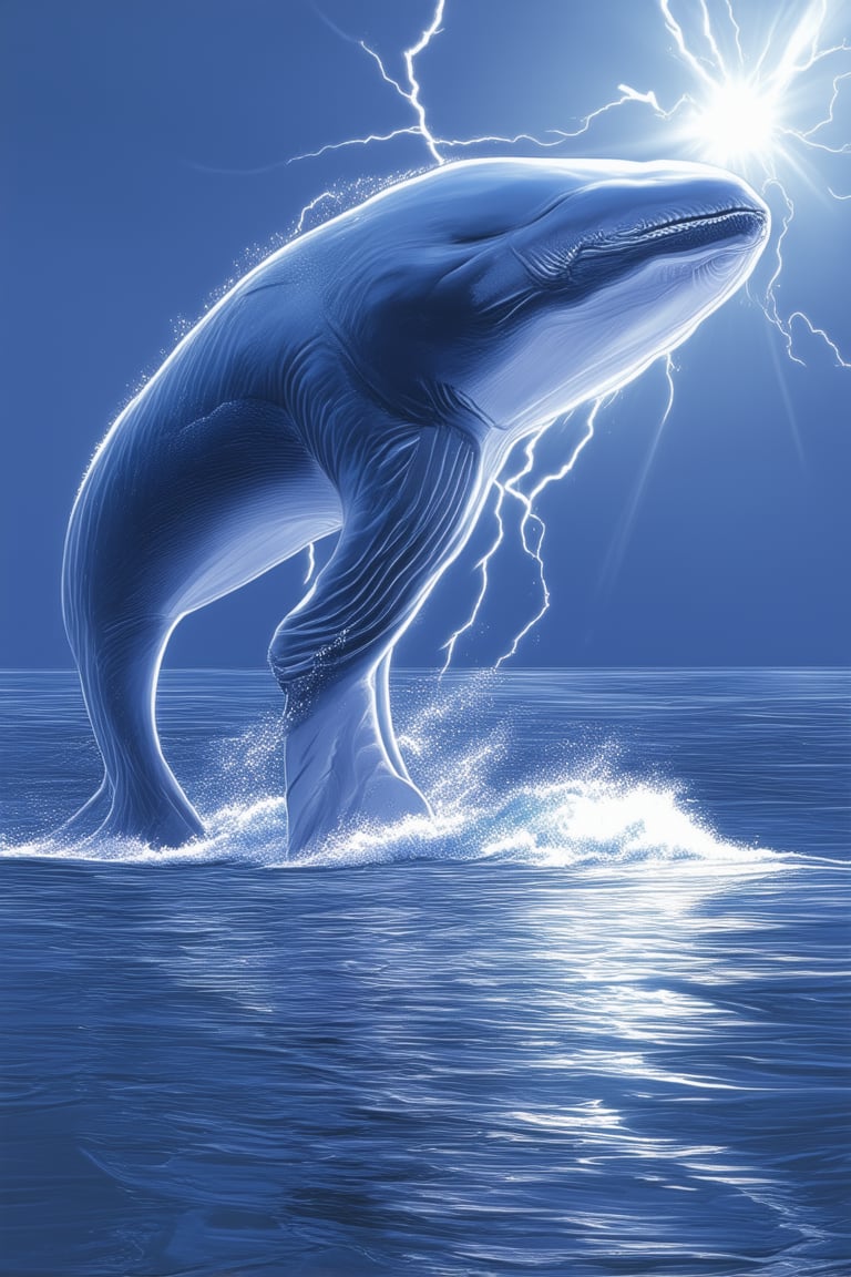 A majestic blue whale breaches the calm surface of a cerulean ocean, its massive body arching upwards as it lets out a thunderous blow. The sunlight dances across the waves, casting a warm glow on the surrounding water and illuminating the gentle ripples.