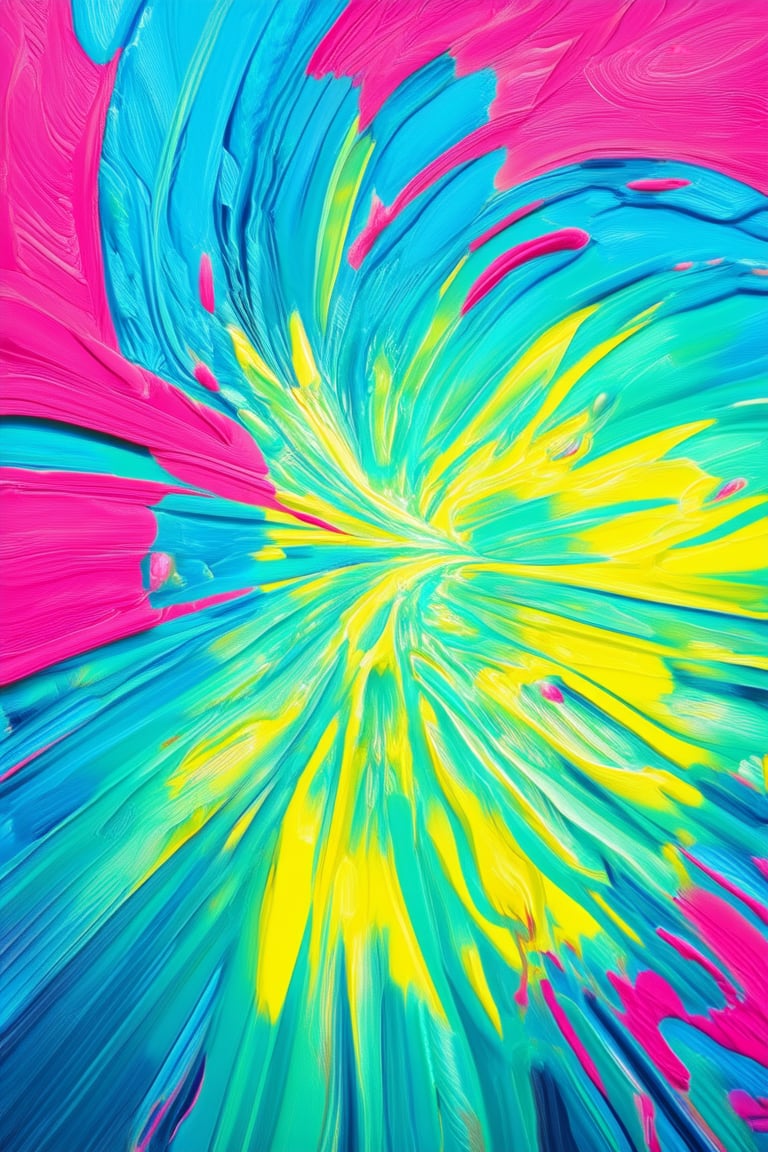 A kaleidoscope of colors bursts forth in a dynamic framing, where swirling strokes of bright pink, sunshine yellow, and electric blue dance across a canvas. The vibrant hues radiate energy and joy, as if infused with the warmth of a sunny day.