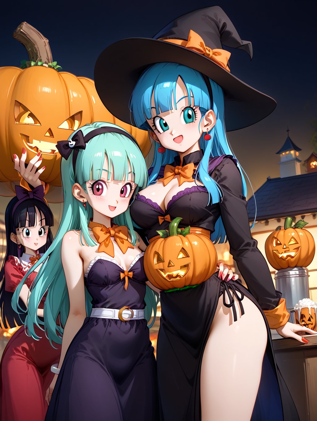 Chi chi adulta de dragon ball en halloween, es de noche y atras de ella hay castillos encantados, ella tiene su cuerpo envuelto como una momia, pero deja ver lo demas de su cuerpo , detras de ella hay castillos tenebrosos de halloween, y varias calabazas rodean a bulma quien esta mostrando su cuerpo sexi, detras de ella se puede apreciar castillos encantados todo muy oscuro y se ve la luna pues es de noche, chi chi cubierta com papel de momia, 1girl, su pelo es completamente negro y sus ojos tambien negros o cafes ambes ojos cafes, chi chi es la esposa de goku
