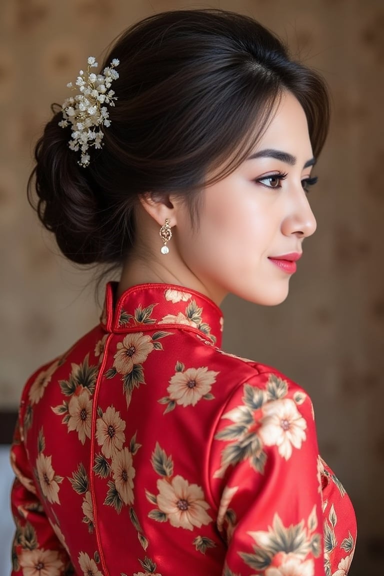 Woman in fancy red cheongsam with updo hairstyle by Cak Ram on Tensor.Art