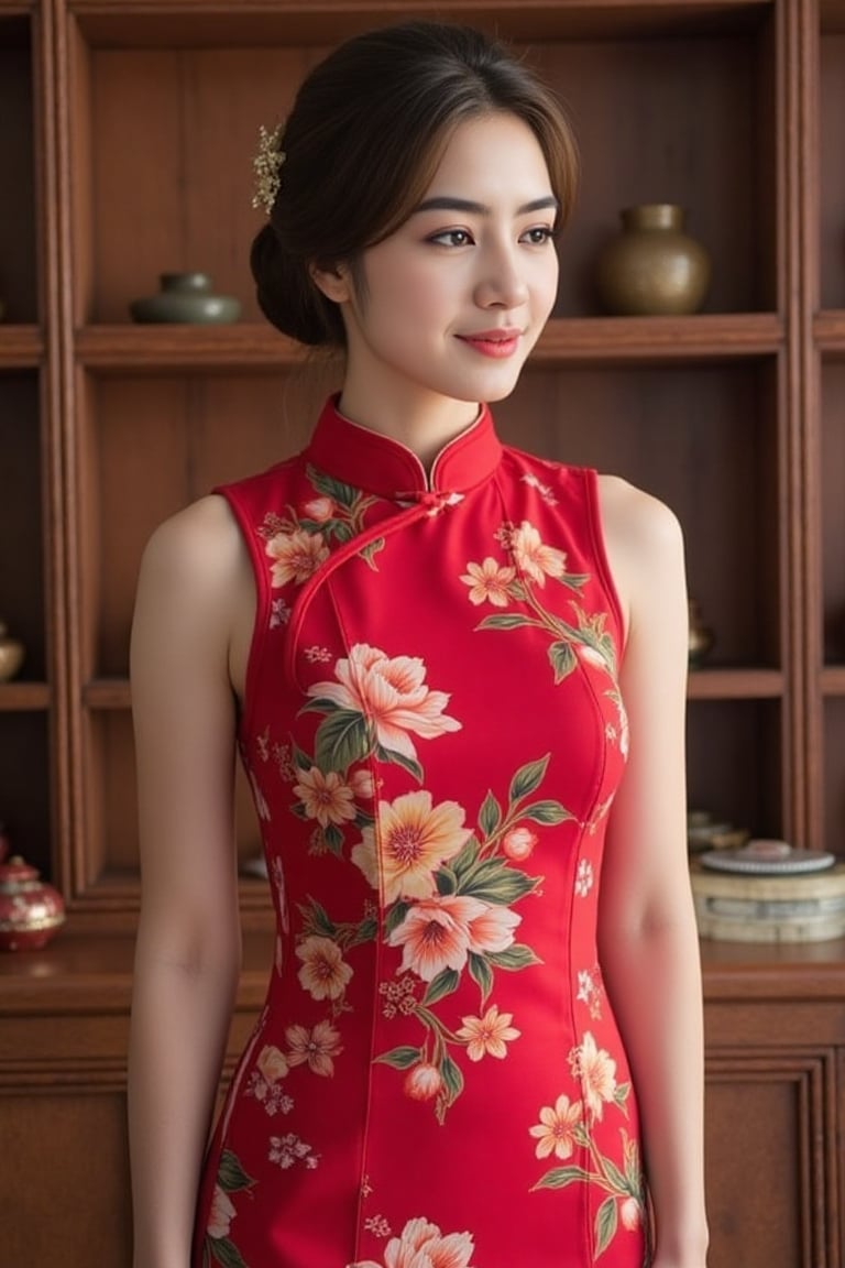 Woman in fancy red cheongsam with updo hairstyle by Cak Ram on Tensor.Art