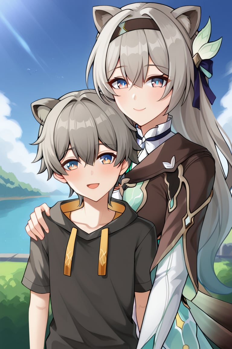 (caelus (honkai: star rail), aged down, shota, raccoon ears, raccoon tail), grey hair, short hair, hair between eyes,
firefly (honkai: star rail), black hairband,
1boy, 1girl, looking at viewer, smiling