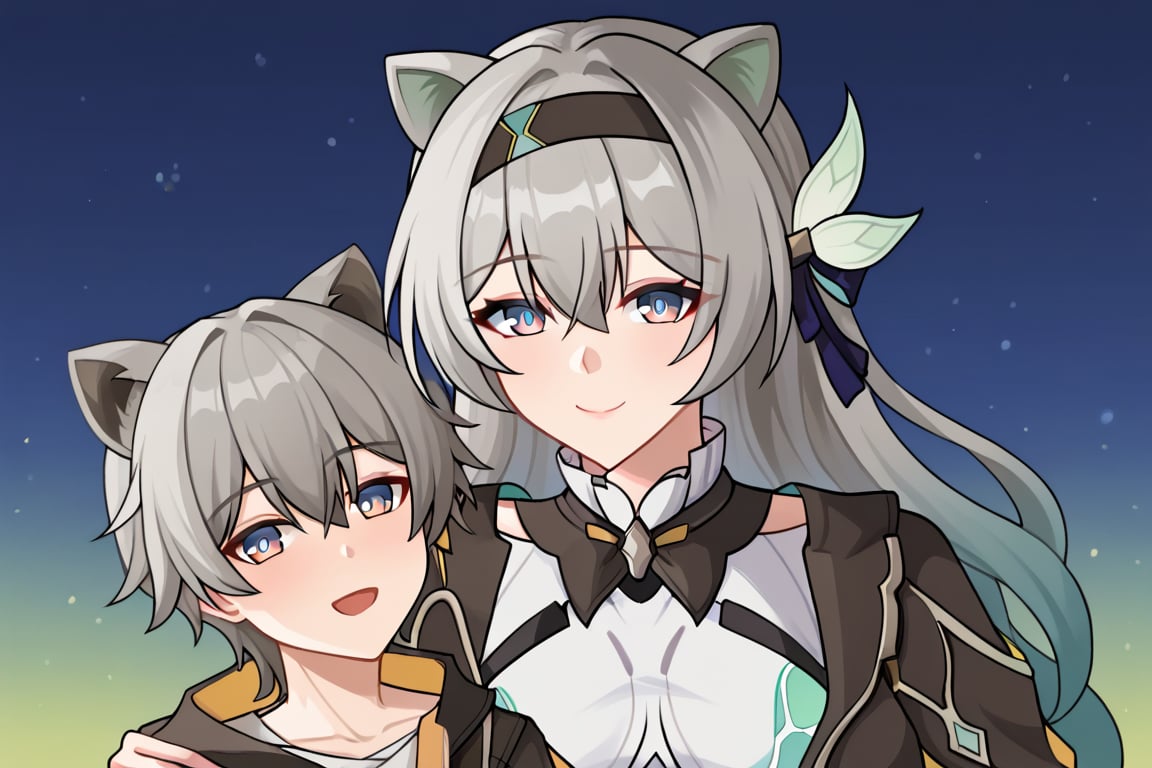 (caelus (honkai: star rail), aged down, shota, raccoon ears, raccoon tail), grey hair, short hair, hair between eyes,
firefly (honkai: star rail), black hairband,
1boy, 1girl, looking at viewer, smiling