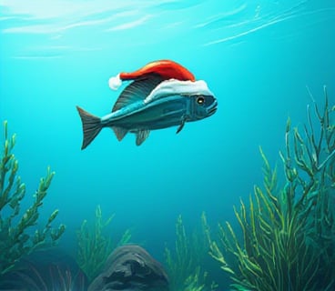 A vibrant blue ocean with gentle waves frames this whimsical scene. A flying fish, resplendent in a bright red Santa hat, swims effortlessly through the water, its iridescent scales shimmering in the soft sunlight. The surrounding seaweed and coral provide a lush green backdrop, as the fish's fins and tail leave subtle ripples on the surface.,minimalist_line_style