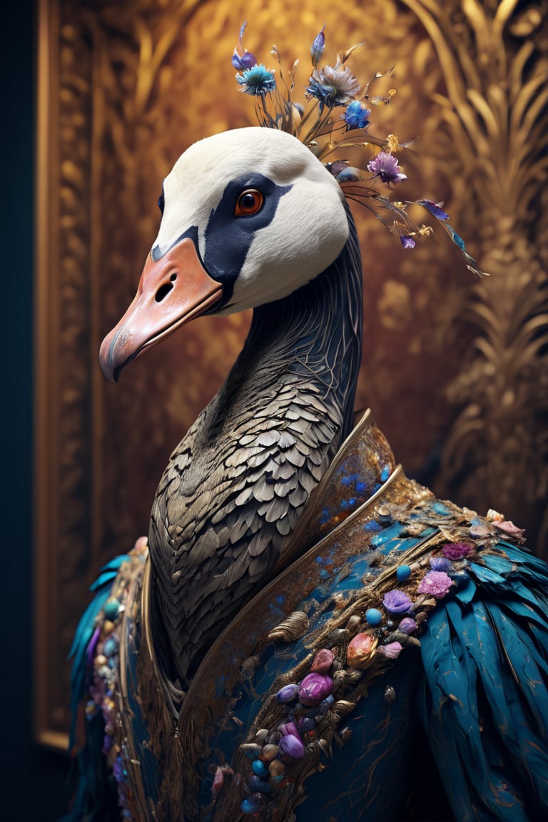 close up portrait, Chaotic color patterns, asymmetrical silhouettes, (Ultra High Definition), (Ultra-Realistic 8k CG), 1 goose, vivid scene where the goose skeletal-faced Delicate face, soft skin. very real and beautiful, detailed goose face, glittering goose skin, detailed goose eyes, hyperdetailed, sharp, intricated, fantasy flowers, goose skull decorated with gold, adorned in tattered ceremonial robes,detailed,in Velvet Room,