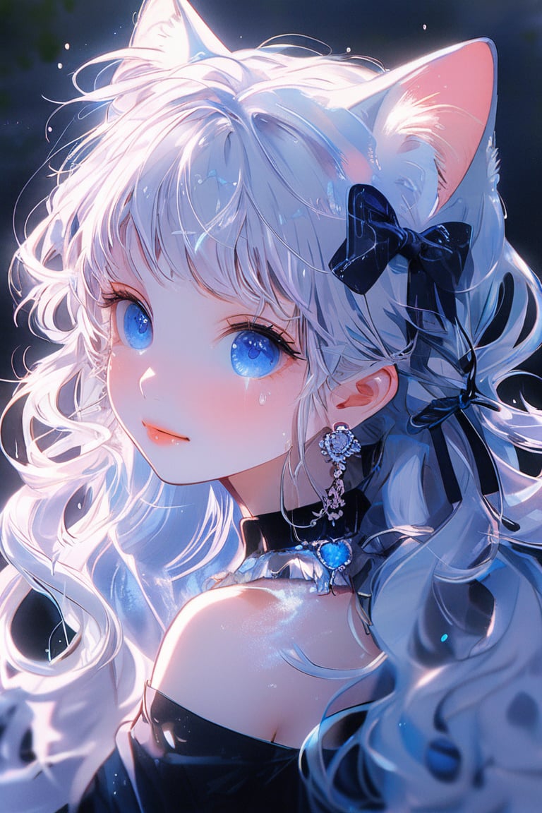 1girl, solo, long hair, twintail hairstyle, looking at viewer, blush, bangs, black cat tail, jewelry, blue eyes, wavy hair, earrings, cute outfit, parted lips, blurry, eyelashes, ((masterpiece: 2)), excellent quality, light particles, water drop, ((stunning_image: 1.5)), Anime art style