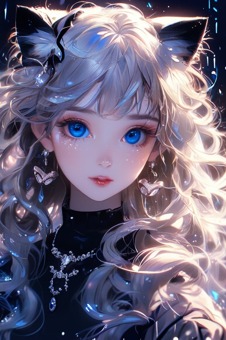 1girl, solo, long hair, twintail hairstyle, looking at viewer, blush, bangs, black cat tail, jewelry, blue eyes, wavy hair, earrings, beautyful outfit, parted lips, blurry, eyelashes, ((masterpiece: 2)), excellent quality, light particles, water drop, ((stunning_image: 1.5)), Anime art style