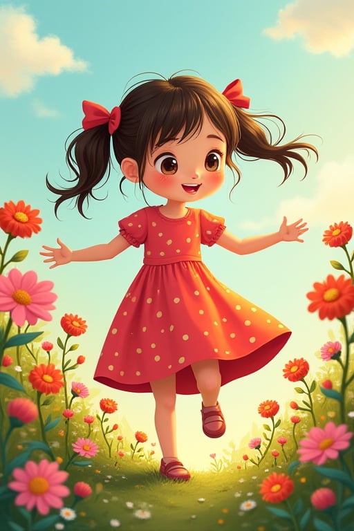  find images where a girl is wearing the same dress and has the same face in each image, but she is performing Illustration Idea: Lila, a young girl with pigtails, playing in a colorful garden filled with blooming flowers.












