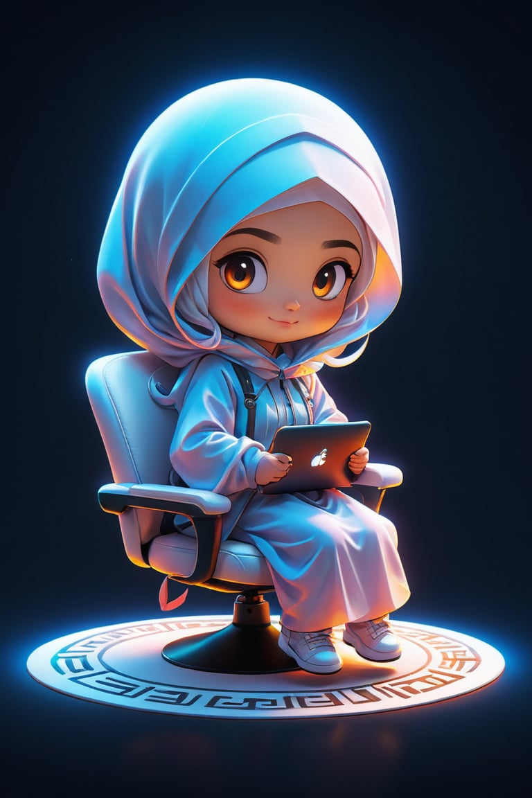 create me the gaming futer being, fet her chair3D Cartoon gaming doing  on laptoup  Vision,short-hijab,chinese girl,word, warite name the word game in English
