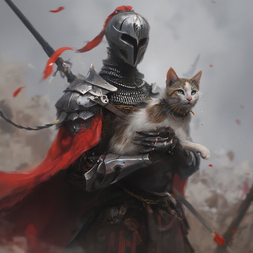 masterpiece knight holding a  cat. background battle of knights in action