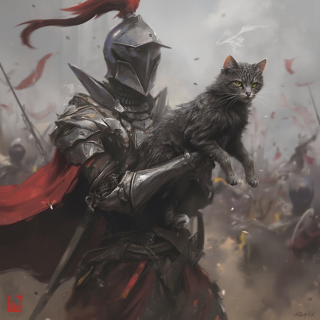 masterpiece knight holding a  cat. background battle of knights in action