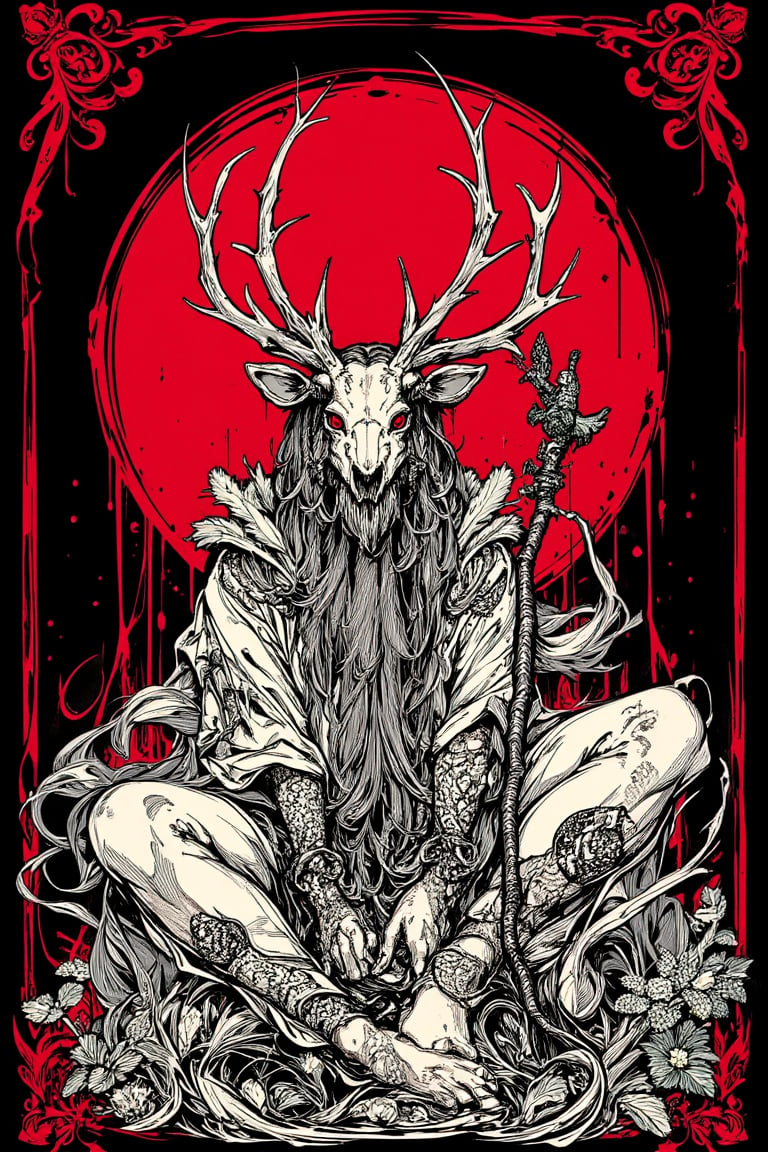 A detailed, black and white illustration of a mystical shaman figure with deer skull headdress. The figure is seated, holding a staff, surrounded by intricate, swirling patterns and nature elements. Long, flowing hair and a beard blend with feathers and fur. The shaman wears elaborate tribal clothing with detailed patterns. A dark red Art Nouveau style frame surrounds the central image, with organic, curving lines. Behind the figure is a glowing dark-red circular backdrop, creating a halo effect. The overall style is highly detailed pen and ink drawing with stippling and fine linework. Dark background with high contrast. Themes of nature, mysticism, and tribal spirituality are prominent. Hyper-detailed, 8K resolution, ornate illustration style