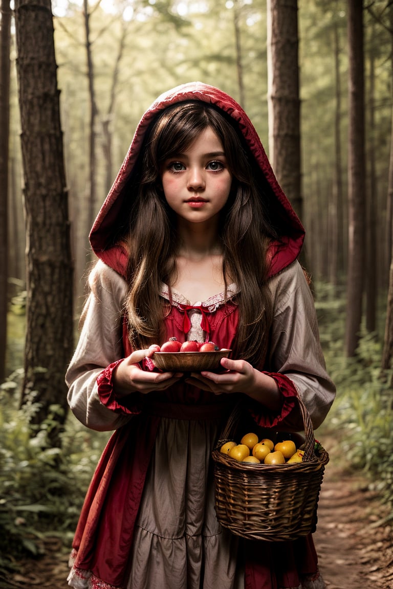 Beautiful girl dressed as Little Red Riding Hood, she is in the forest with her red dress, in her hands she has a basket with fruit, behind her is the big bad wolf, young, brown-hair, light eyes