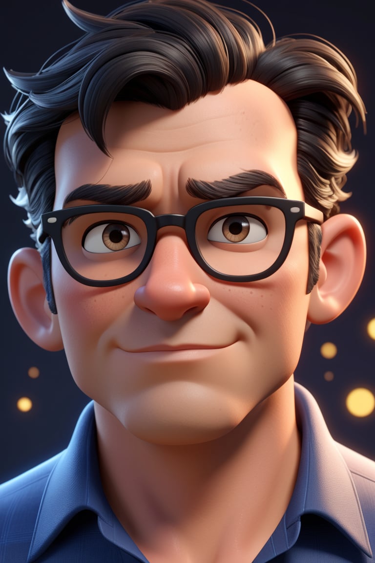 Cartoon character of a man in black glasses and blue shirt, an animated character, stylized character, animation style rendering, 3d stylized, Arnold Maya rendering, Stylized 3D rendering, toon render screenshot, 3d character, 3d character, Stylized 3D rendering, 3D character rendering, cartoon character, Personagem de close up, character posing, (Pixar-style) (master part:1.2) (bokeh) (best qualityer) (skin detailed) (detailed texture) (8k) (Argilla) (cinematic lighting) (sharp focus,Sit down and lift your upper body