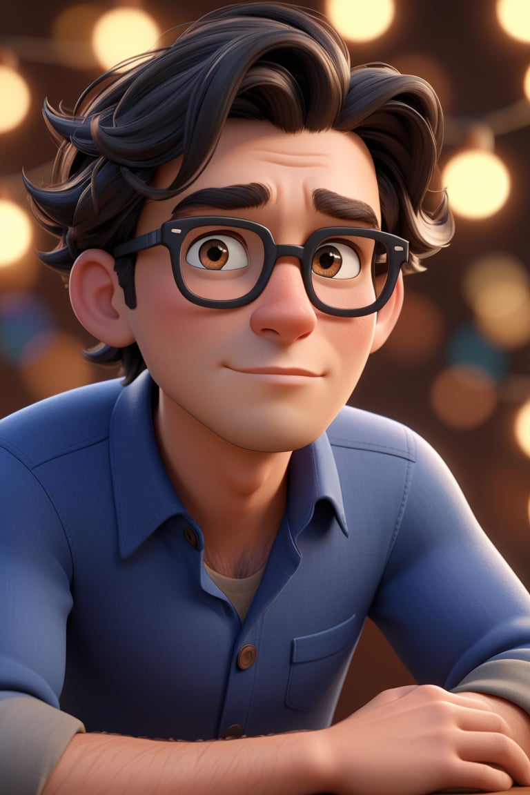 Here is a prompt for the SD model:

Close-up of a stylized, 3D rendered cartoon character in a Pixar-style animation. The character is a man wearing black glasses and a blue shirt, sitting with his upper body lifted and leaning forward. The scene is set against a blurred background with a subtle bokeh effect. The lighting is cinematic, with a focus on the character's skin texture, which is detailed and rendered at 8k resolution. The camera is sharply focused on the subject's face, capturing every nuance of his expression. Argilla-like texture is applied to his skin for added realism.