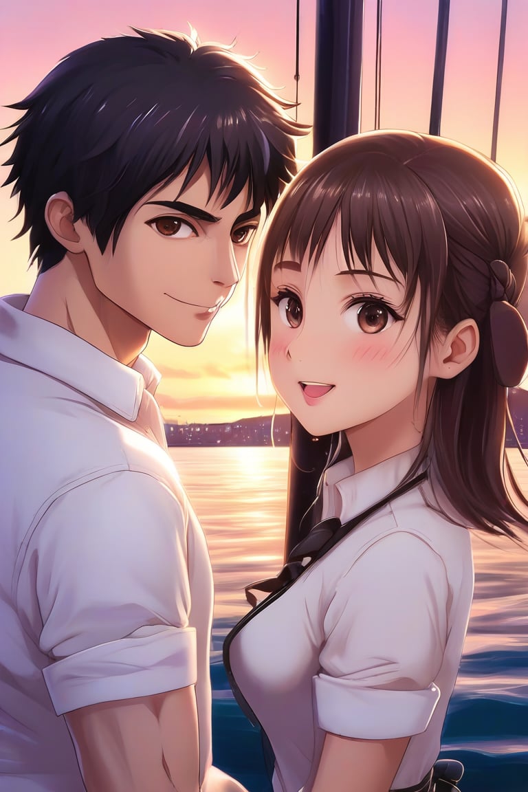 1girl, long hair, blush, short hair, bangs, brown hair, shirt, black hair, 1boy, brown eyes, jewelry, white shirt, upper body, hetero, hairband, outdoors, parted lips, sky, collared shirt, water, blurry, looking at another, lips, profile, blurry background, facial hair, couple, eye contact, freckles, sunset, stubble, watercraft, ship, boat, eren yeager