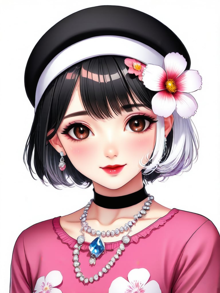 1girl, solo, looking at viewer, short hair, bangs, shirt, black hair, hair ornament, hat, white background, ribbon, brown eyes, jewelry, collarbone, upper body, flower, white hair, multicolored hair, earrings, parted lips, hair flower, necklace, two-tone hair, lips, black headwear, beret, white flower, gem, portrait, pink shirt