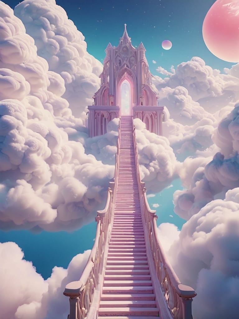 ethereal cloudscapes, vibrant surreal dreamscape, abstract psychedelic art, trending ArtStation style, blender and octane render, intricate Escher-like structure, inspired by Rob Gonsalves and Mark Riddick, pastel colors, fluffy white clouds, wispy cirrus, abstract shapes, mystical dreamworld, glowing neon portal, delicate celestial bodies, infinite staircase, dreamlike atmosphere, mesmerizing clouds, subtle gradient colors