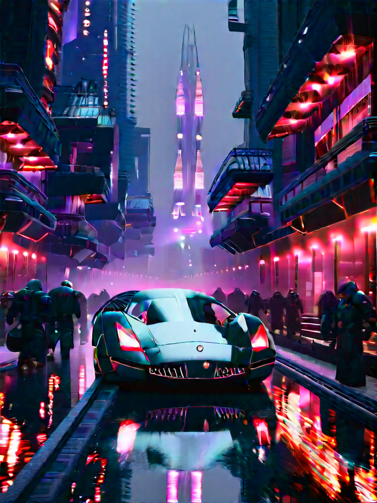 highly detailed cyberpunk cityscape, neon-lit sleek Lamborghini Counatch, Blade Runner-inspired atmosphere, wide-angle shot, hazy misty rain, vast cityscape with towering skyscrapers, radiant neon advertisements, Visual effects by Operator Roger Deakins, cinematography by Neill Blomkamp, Elysium-like utopian floating city in the distance, elements of Altered Carbon-inspired cybernetic enhancements, neon-drenched metropolis, deep shadows, vibrant holographic projections, Cyberpunk street gangs, bustling city life, deep blues and purples palette, subtle texture of wet pavement, oil-slick reflections, Ghost in the Shell-inspired Section 9 secret hideouts, blending Eastern and Western architectural styles, intricate street-level details, cinematic lighting, atmospheric smoke effects, Michael Garmash-inspired classical architectural elements, night time cityscape, immense scale and depth by Mamoru Oshii