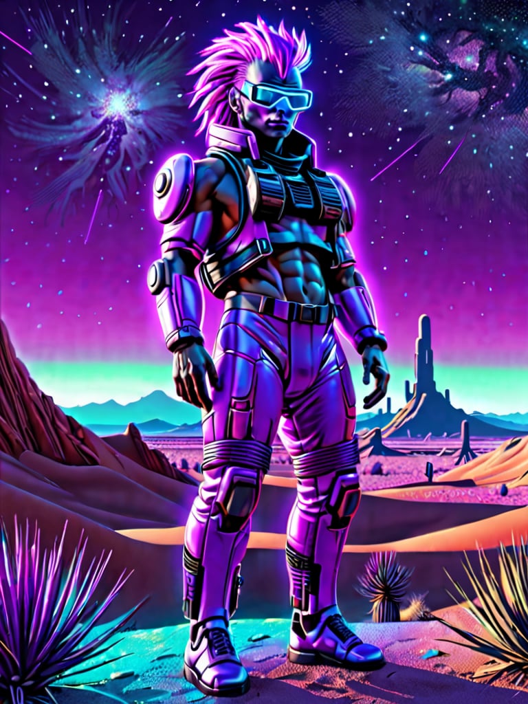 realistic man standing in high desert, cyberpunk, digital art, trending on artstation, neon, desert, stars, vaporwave, retrowave, synthpop, 1980s, colorful, glowing, purple