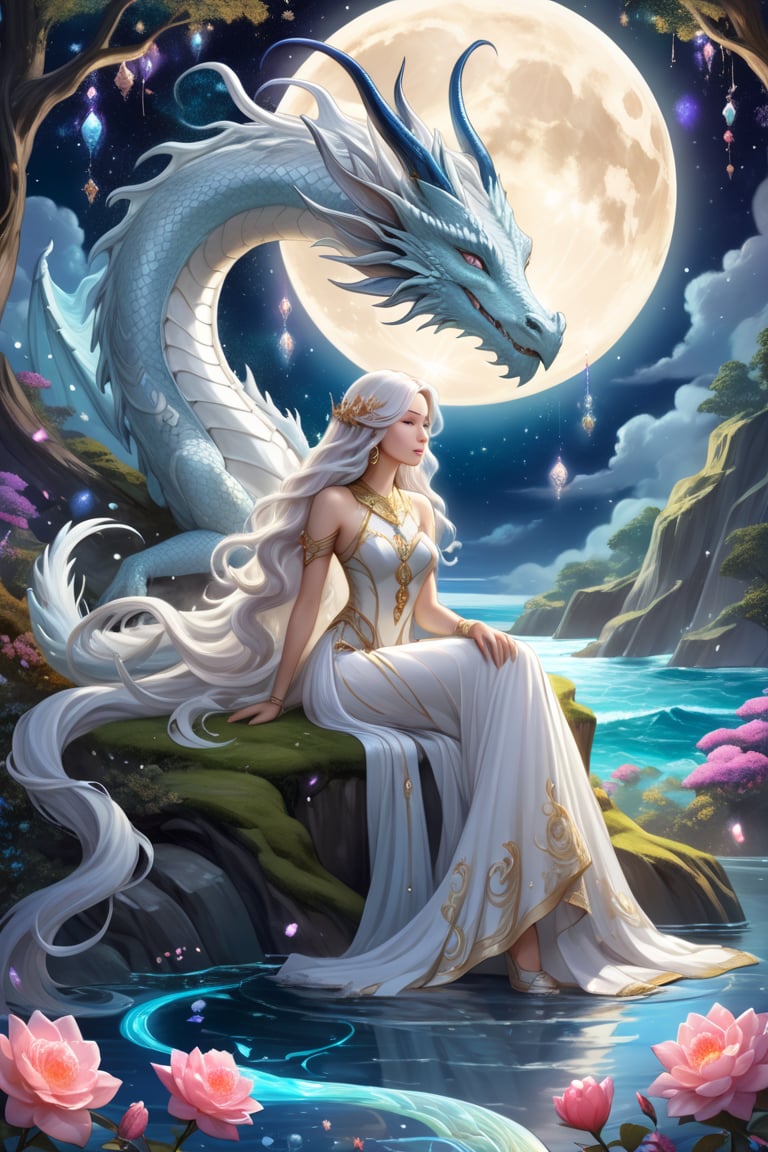 In a hypermaximalist digital storybook illustration, a woman with long wavy hair sits astride a majestic white eastern dragon as it dissolves into stardust. The scene unfolds under the watchful gaze of a dreamy moon, surrounded by swirling abstract designs and glitterstorm confetti. Amidst a fantasy moonlit forest where ocean meets land, the dreaming woman's soul ascends to realms of starry ethereal night, her long white hair flowing like a celestial river. Wonbin Lee's inspired artistry drips with atmosphere and decorative gems, as if this were an imaginative painting from Fable itself.