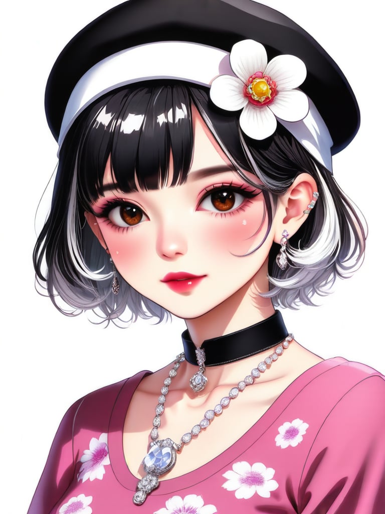 1girl, solo, looking at viewer, short hair, bangs, shirt, black hair, hair ornament, hat, white background, ribbon, brown eyes, jewelry, collarbone, upper body, flower, white hair, multicolored hair, earrings, parted lips, hair flower, necklace, two-tone hair, lips, black headwear, beret, white flower, gem, portrait, pink shirt