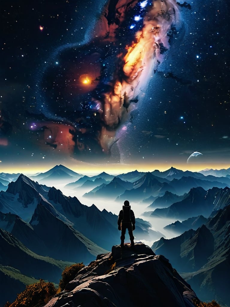 award-winning 4K ultra HD, cinematic 21:9 aspect ratio, breathtaking vast cosmic sky, silhouette of a lone determined man, colossal Earth from orbit, vibrant contrasting colors, ethereal misty atmosphere, detailed majestic astronomy, NASA-inspired, glow-in-dark stars, celestial lights, scenic mountains, misty clouds, sense of existentialism, expansive universe, golden hour warmth, incredible depth of field, tasteful lens flares, low-key dramatic lighting, elegant curves, strong emotional connection, endless horizon