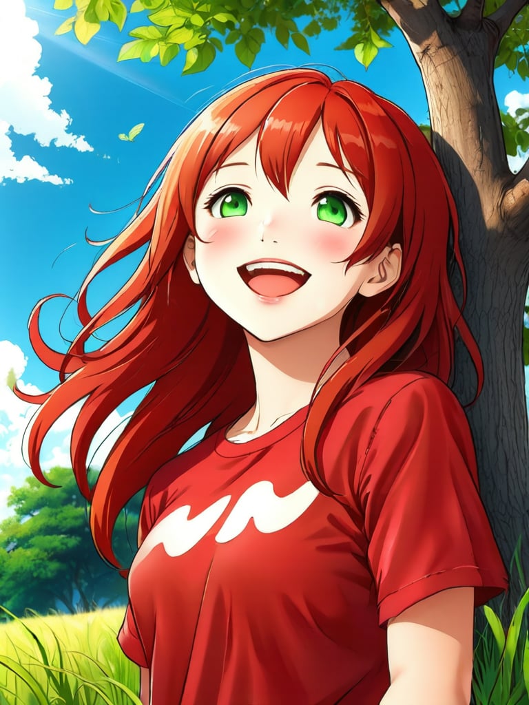 1girl, solo, long hair, smile, brown hair, shirt, hair ornament, green eyes, upper body, red hair, outdoors, sky, day, cloud, tree, blue sky, profile, grass, looking up, wind, red shirt