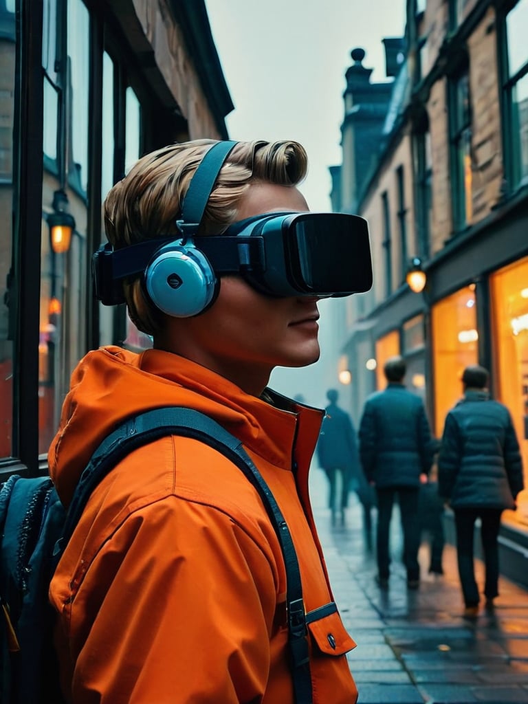 close-up of a man, VR goggles, bright orange overalls, meticulously detailed screens, futuristic metaverse creation, on a British street, viewed through a misty window, Edward Hopper-inspired dim street lighting, Wes Anderson's color palette, nostalgic street lamps, elegant stone buildings, misty morning atmosphere, blurred pedestrians in the background, subtle play of light, photorealistic oil painting, cinematic composition, 1960s film-inspired color grading