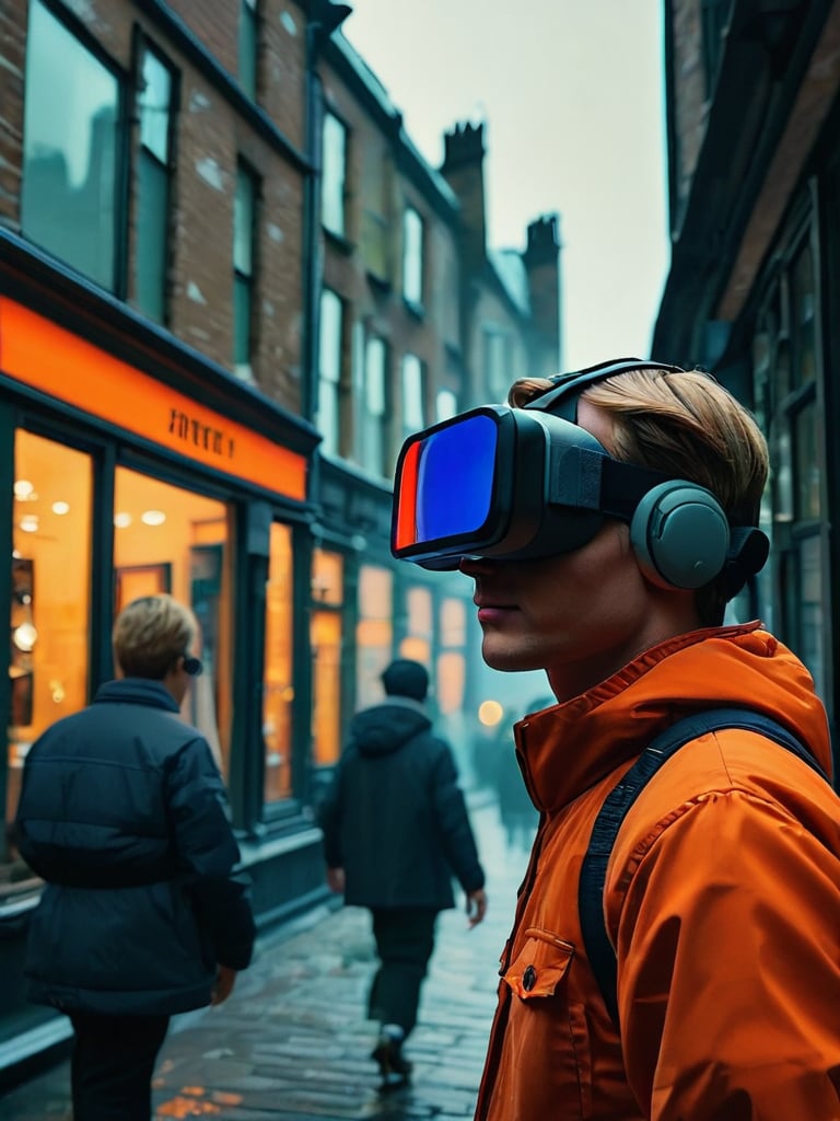 close-up of a man, VR goggles, bright orange overalls, meticulously detailed screens, futuristic metaverse creation, on a British street, viewed through a misty window, Edward Hopper-inspired dim street lighting, Wes Anderson's color palette, nostalgic street lamps, elegant stone buildings, misty morning atmosphere, blurred pedestrians in the background, subtle play of light, photorealistic oil painting, cinematic composition, 1960s film-inspired color grading