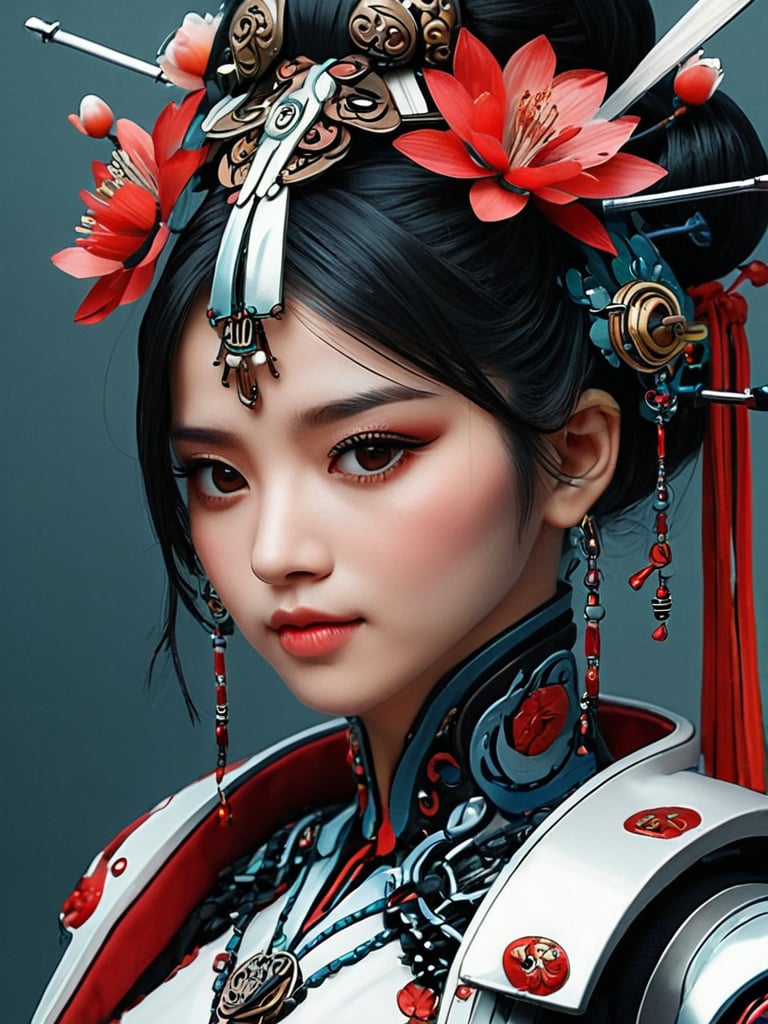 Closeup on face ,masterpiece, best quality, ultra-detailed,((geisha)) ,cybernetica,cybernetic parts,line art