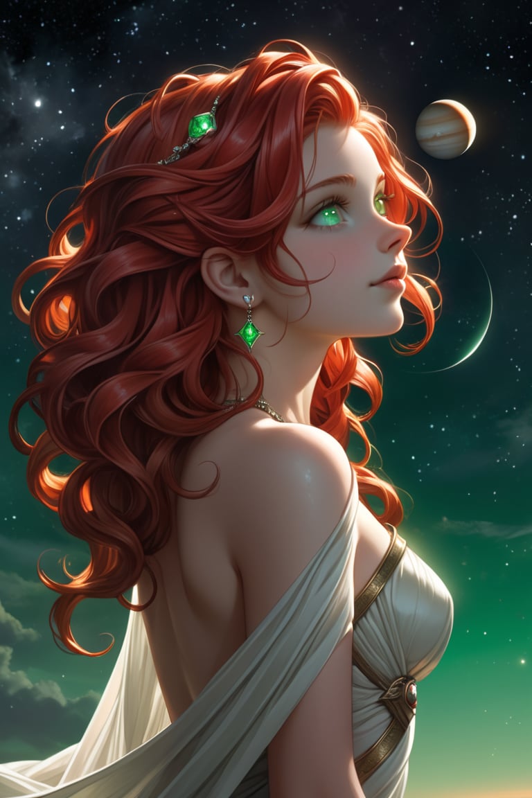 A captivating scene! Here's a prompt: A young white girl with vibrant, wavy red hair cascading down her back poses elegantly against a breathtaking celestial backdrop. Her piercing gray eyes seem to gaze directly at Saturn, its rings gleaming like diamonds against a deep shade of green sky. The atmosphere is serene, with a subtle glow illuminating the subject's features.