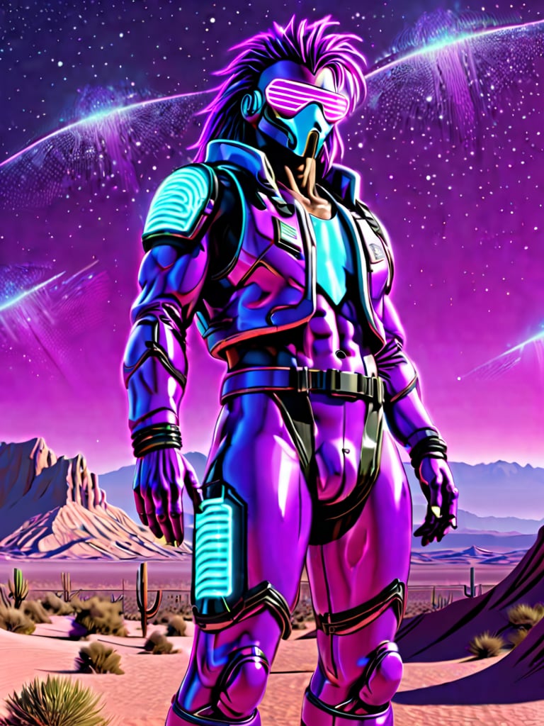 realistic man standing in high desert, cyberpunk, digital art, trending on artstation, neon, desert, stars, vaporwave, retrowave, synthpop, 1980s, colorful, glowing, purple