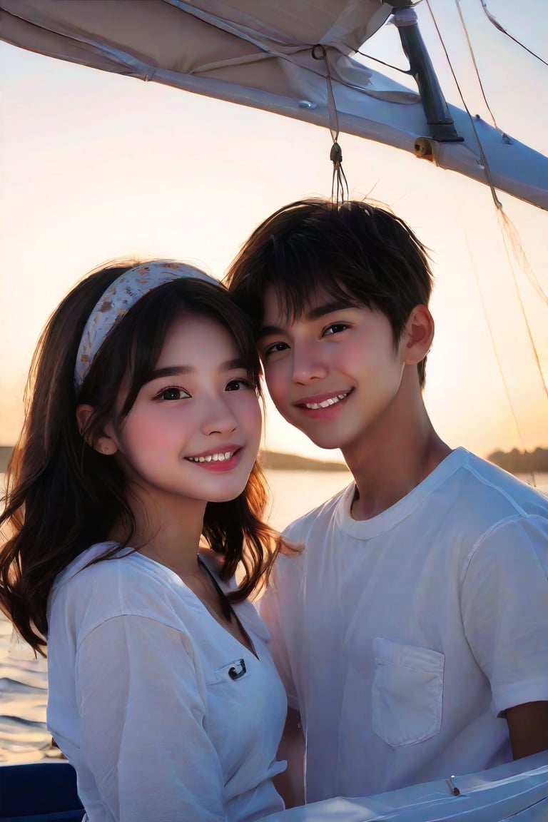 A young couple stands together on a small sailboat, gazing out at the breathtaking sunset over the water. The girl, with long brown hair and a blush on her cheeks, wears a white shirt with a hairband holding back her bangs. She's looking at the boy, who sports a charming stubble and has his eyes fixed intently on hers. His brown eyes sparkle as he smiles, his parted lips inviting hers to meet in a tender kiss. The boy's short black hair is messy, framing his freckled face. The couple's profile is sharp against the blurry background of the watercraft, lost in thought as they take in the serene atmosphere.