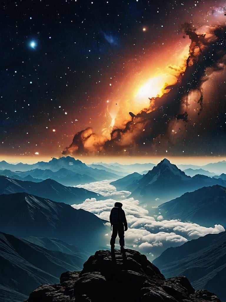 award-winning 4K ultra HD, cinematic 21:9 aspect ratio, breathtaking vast cosmic sky, silhouette of a lone determined man, colossal Earth from orbit, vibrant contrasting colors, ethereal misty atmosphere, detailed majestic astronomy, NASA-inspired, glow-in-dark stars, celestial lights, scenic mountains, misty clouds, sense of existentialism, expansive universe, golden hour warmth, incredible depth of field, tasteful lens flares, low-key dramatic lighting, elegant curves, strong emotional connection, endless horizon