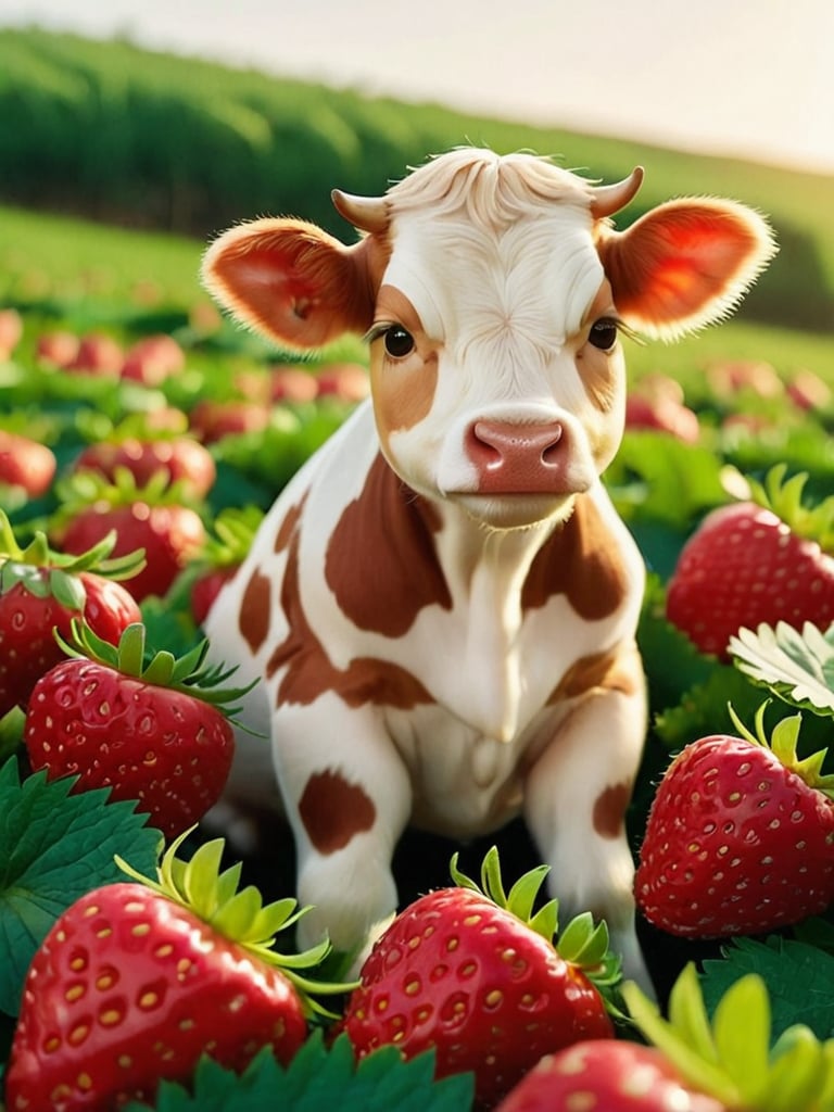 a strawberry themed cute cow sitting in a field of strawberries