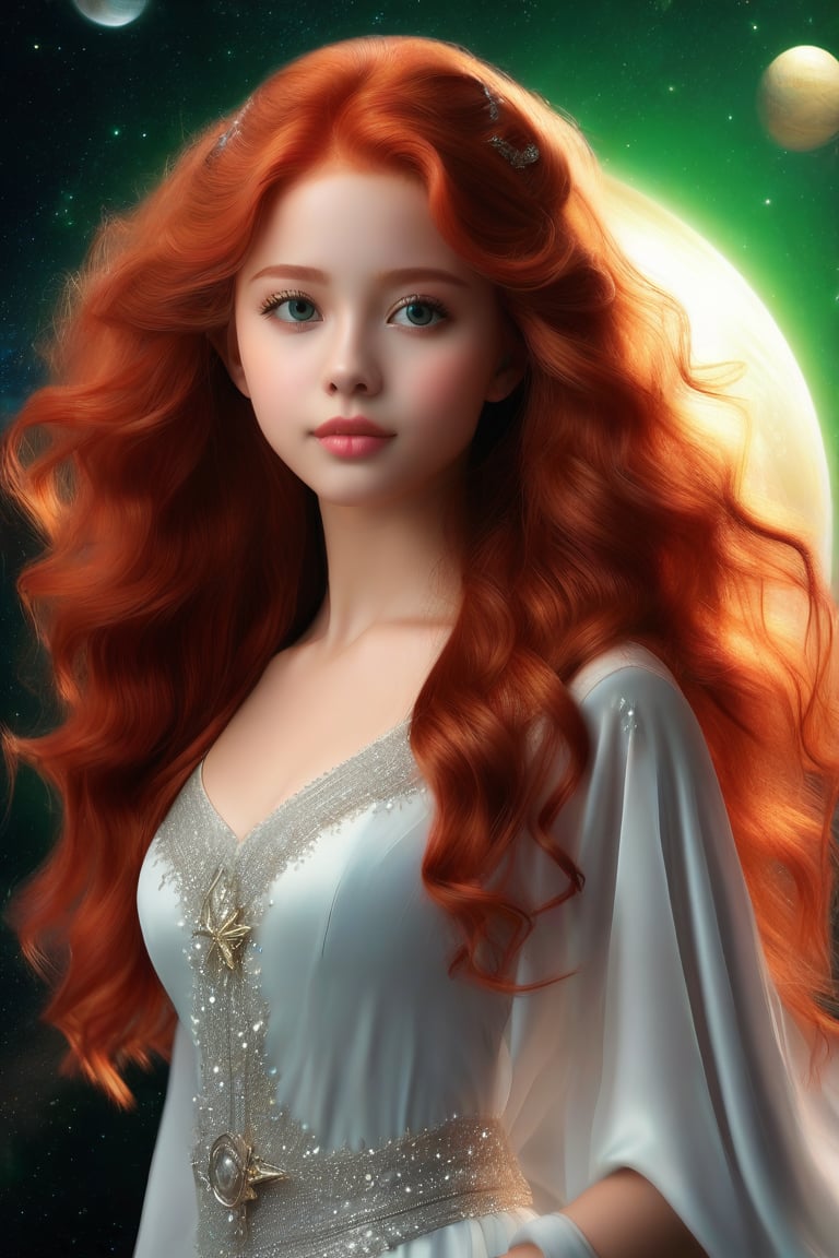 A captivating scene! Here's a prompt:

A young white girl with vibrant, wavy red hair cascading down her back poses elegantly against a breathtaking celestial backdrop. Her piercing gray eyes seem to gaze directly at Saturn, its rings gleaming like diamonds against a deep shade of green sky. The atmosphere is serene, with a subtle glow illuminating the subject's features.