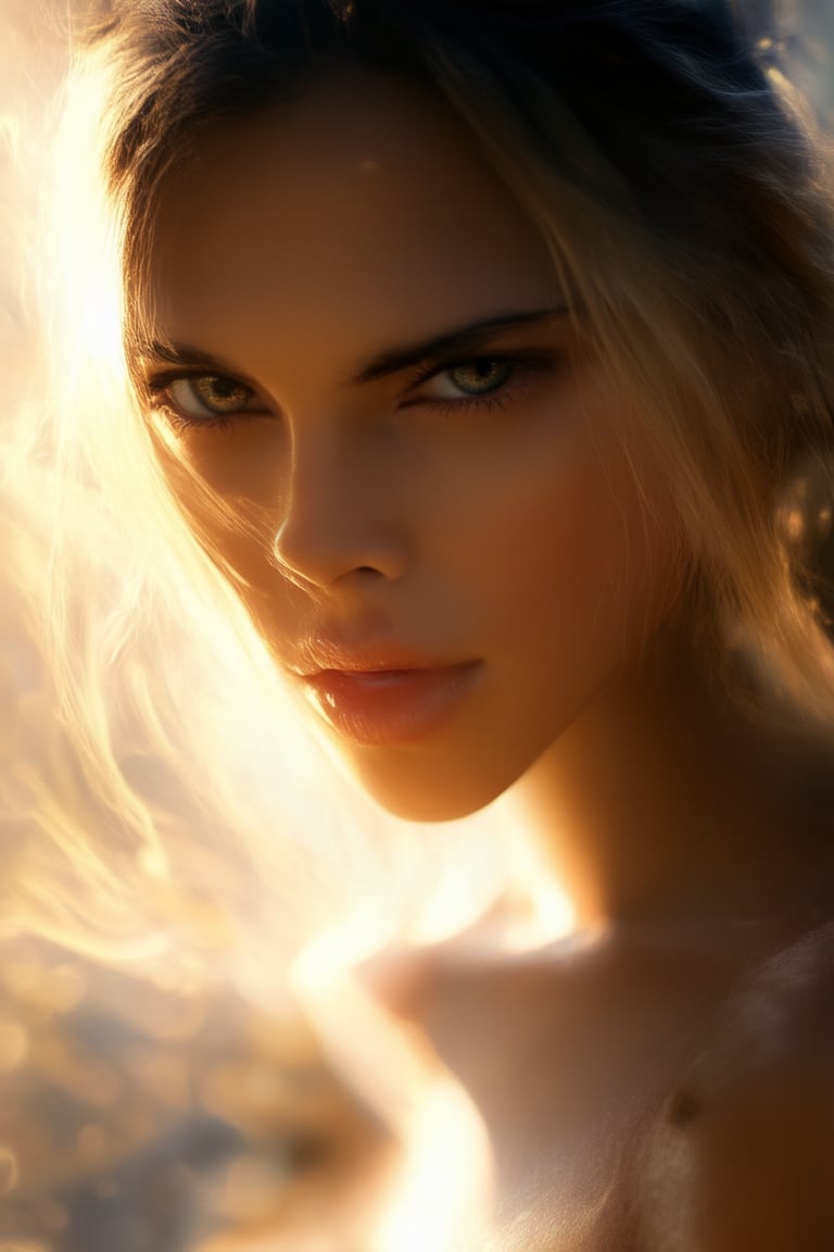 A woman stands confidently, her eyes blazing with determination. Her strong jawline and firm lips convey a sense of unyielding resolve as she gazes directly into the camera. The soft focus background allows her fierce expression to take center stage, bathed in warm, golden light that accentuates her powerful presence.